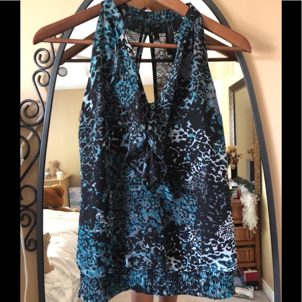 Guess black blue ruffle chiffon tank top